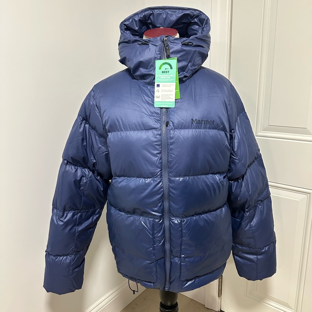 Navy Blue Quilted Puffer Jacket with Hood and Zipper Closure - Picture 7 of 11